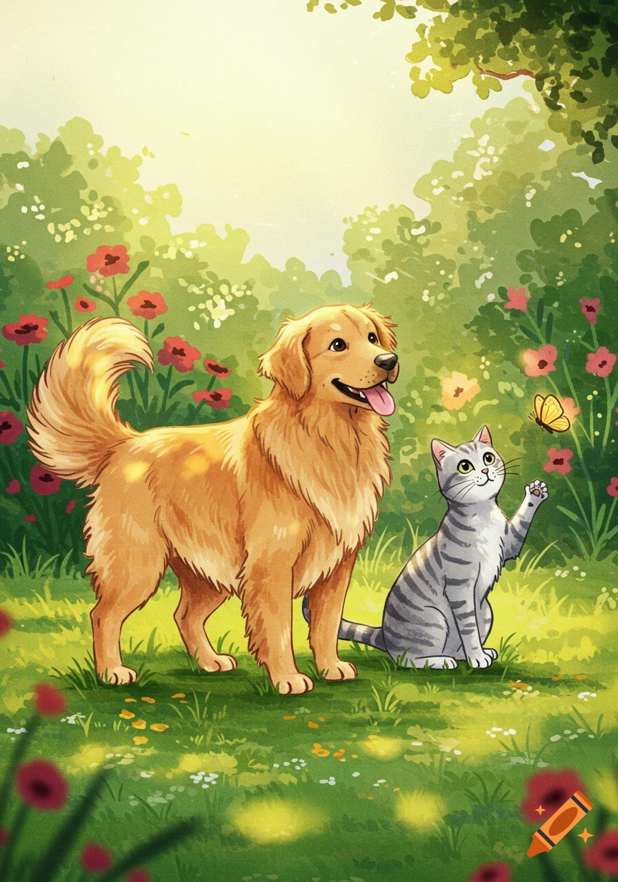 An illustration of a golden retriever dog and a grey tabby cat in a lush green garden with red and pink flowers, a butterfly flying near the cat.