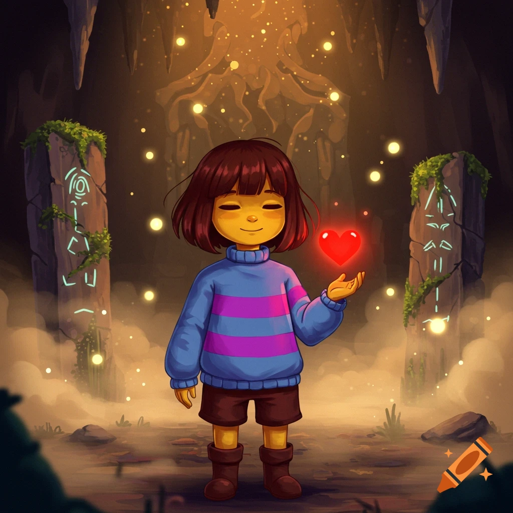 A stylized illustration of Frisk from Undertale in a dark cave, holding a glowing red heart. Stone pillars with glowing runes stand nearby.