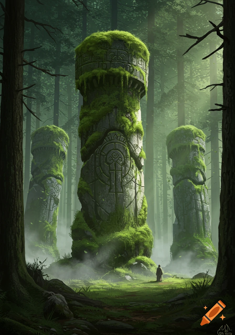 A person stands on a path amidst three mossy, ancient stone pillars in a misty, lush green forest, in a detailed fantasy art style.
