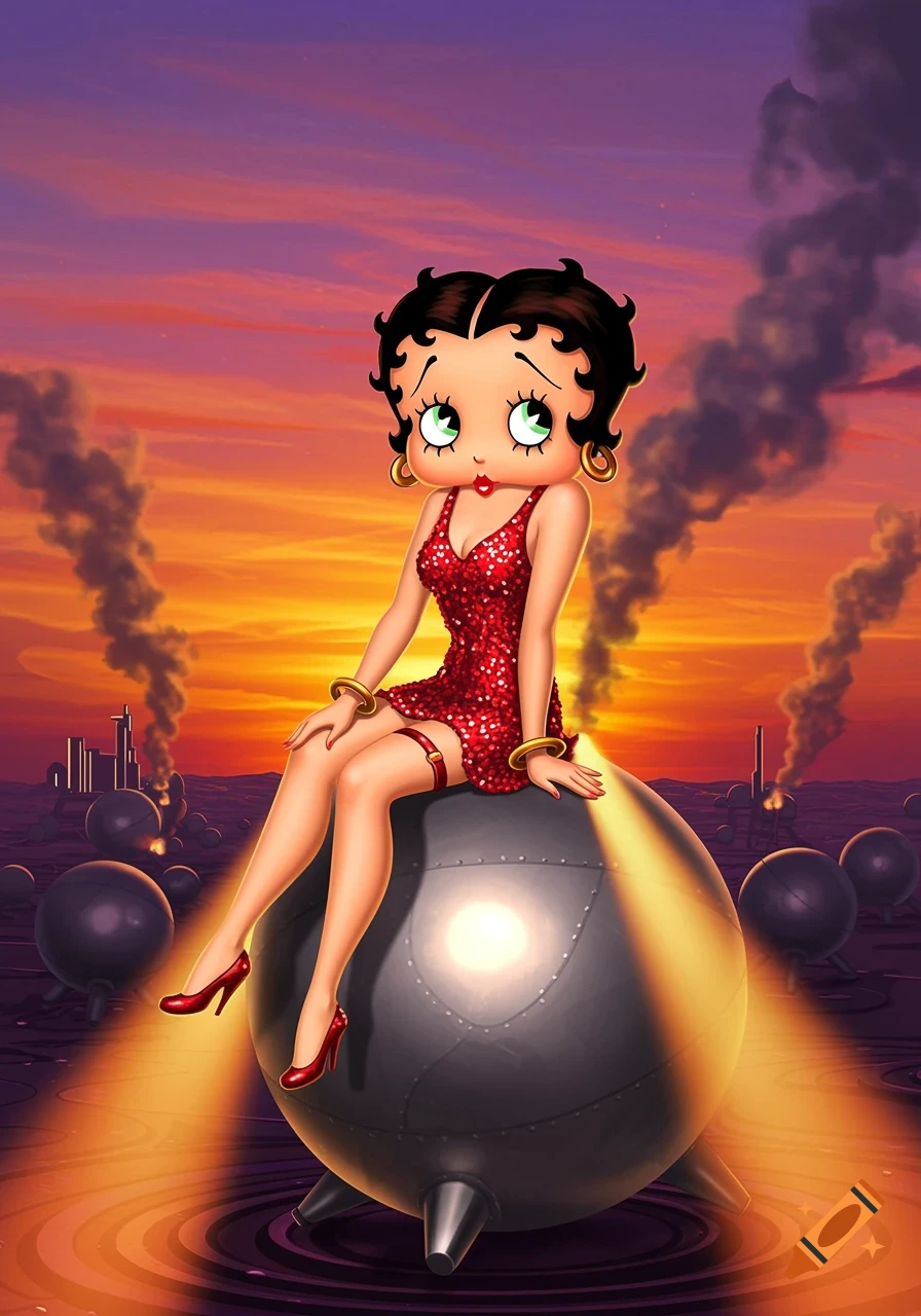 Betty Boop in a sparkling red dress sits on a grey bomb, with a vivid orange and purple sunset sky and smoke plumes in the background.