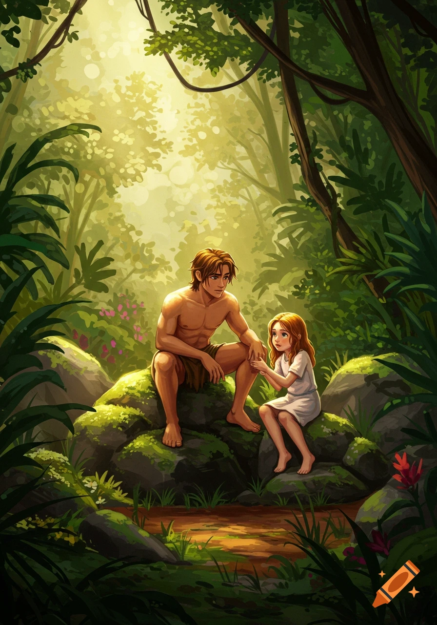A muscular man in a loincloth and a young girl in a dress sit on mossy rocks in a vibrant, sunlit jungle, in an illustrative style.