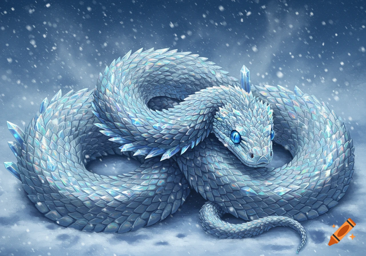 A majestic ice or crystal snake with shimmering scales and glowing blue eyes is coiled in a snowy landscape, with snowflakes falling.