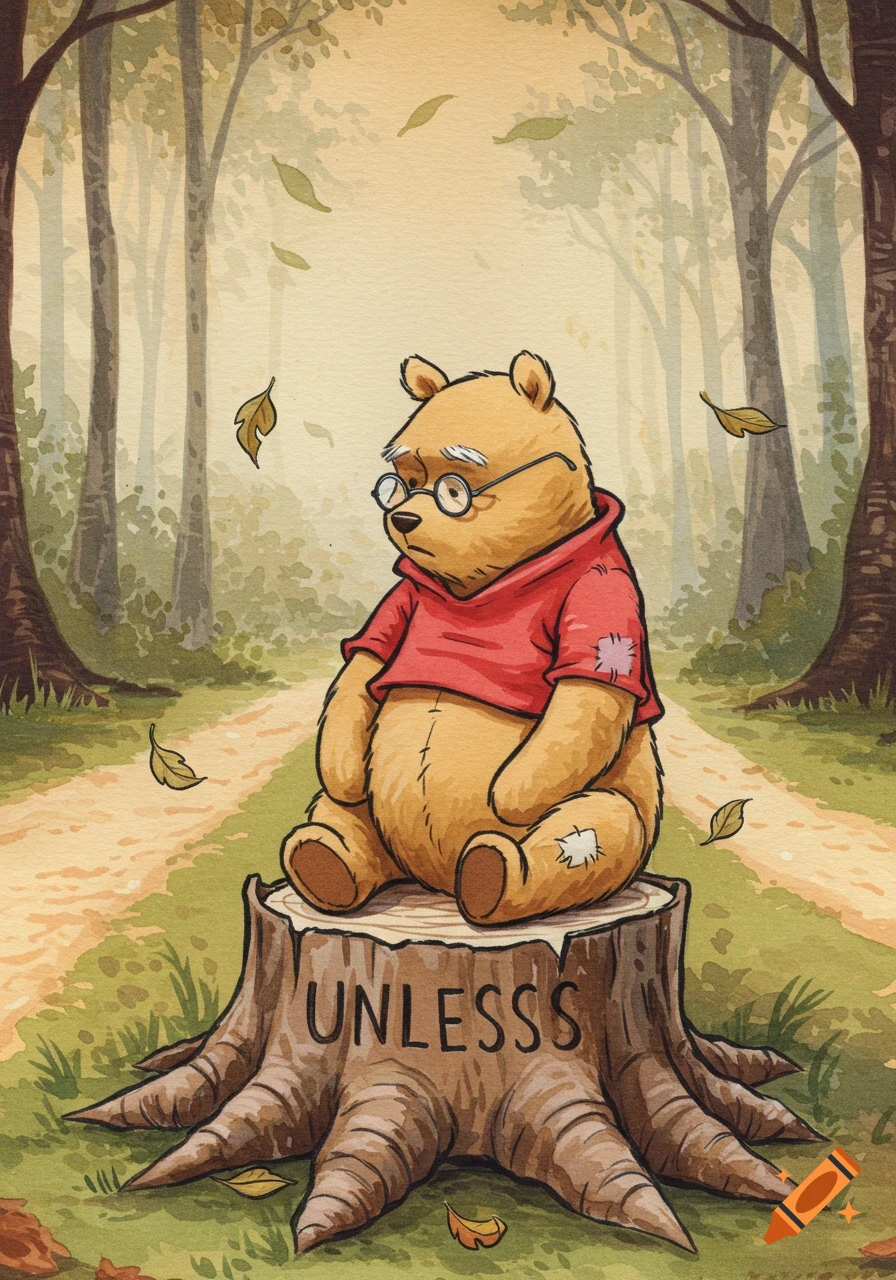 A solemn, aged Winnie the Pooh wearing glasses and a red shirt, sitting on a tree stump in a watercolor forest with falling leaves. The word "UNLESSS" is carved into the stump.