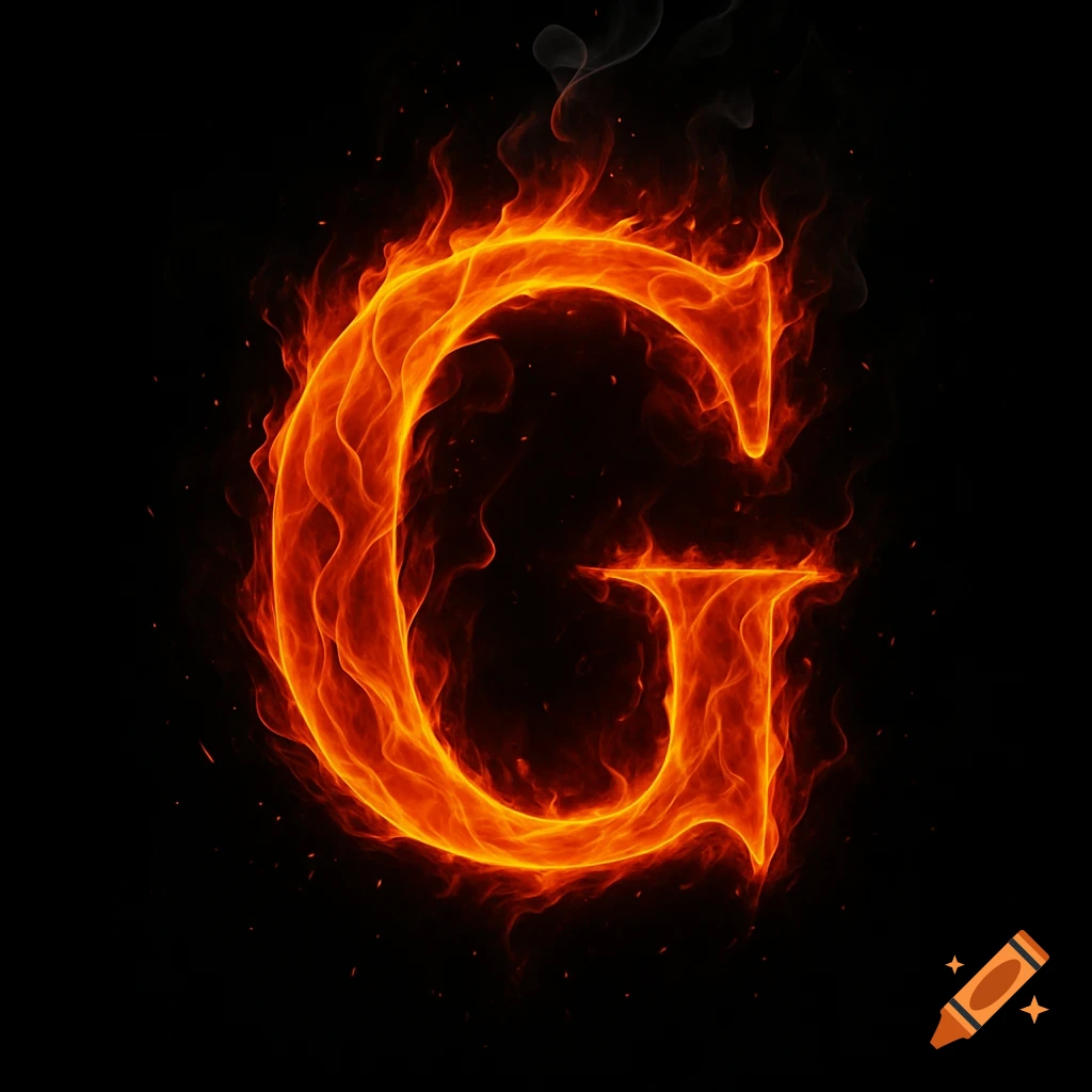 The letter G engulfed in vibrant orange and red flames against a dark background, with smoke and embers.