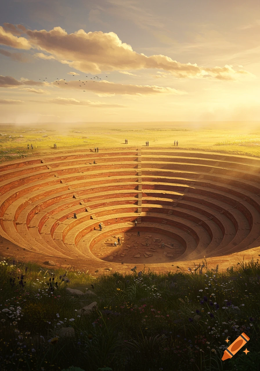A large, circular tiered excavation site in a golden field under a dramatic sky at sunset.