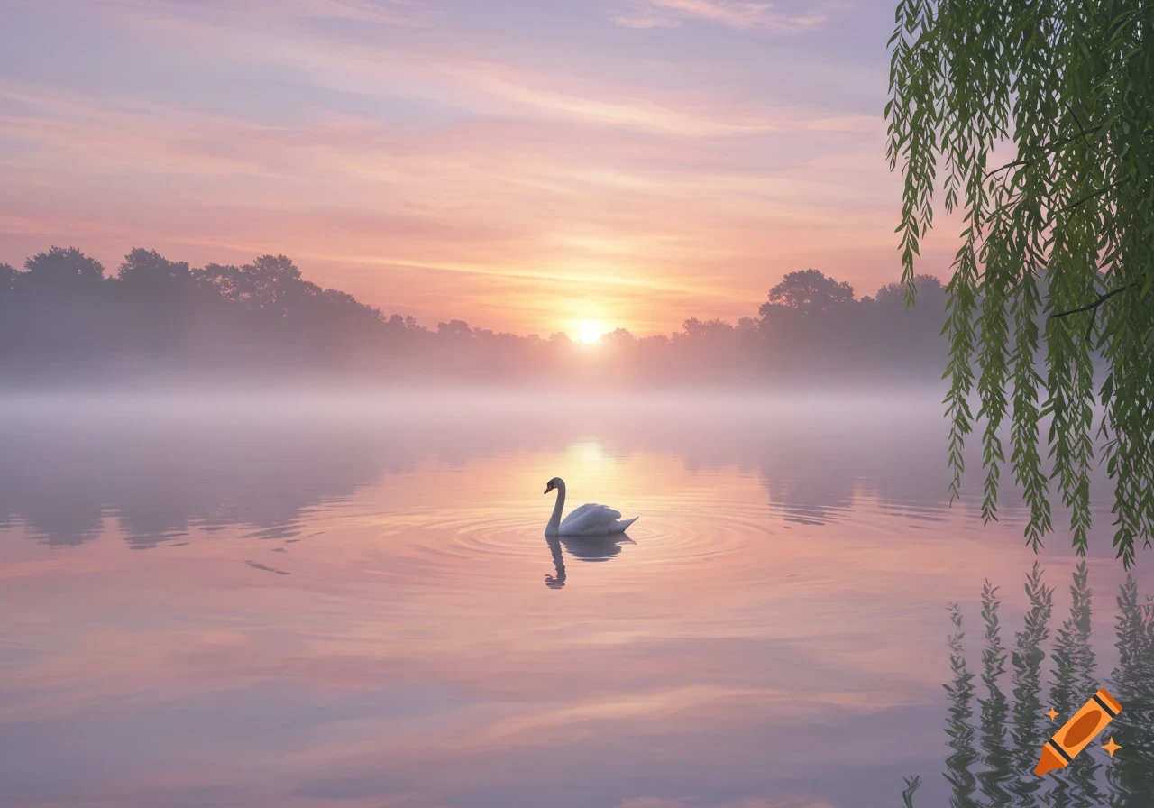 A white swan floats on a misty lake at sunrise with pink and orange skies and a willow tree branch.