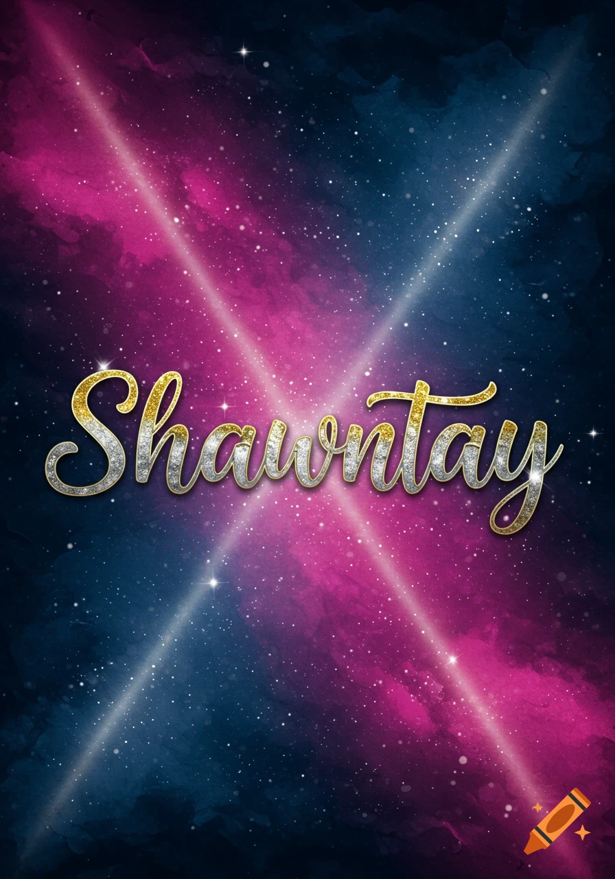 A glittery gold and silver script spells 'Shawntay' against a vibrant pink and blue galaxy background with crossing light beams.