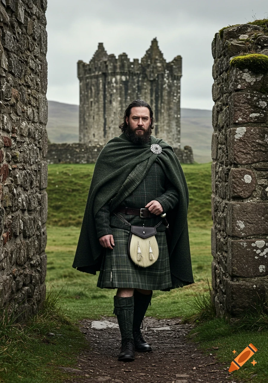 A bearded man in a green tartan kilt and cloak stands on a path between stone walls with a castle behind him, photorealistic.