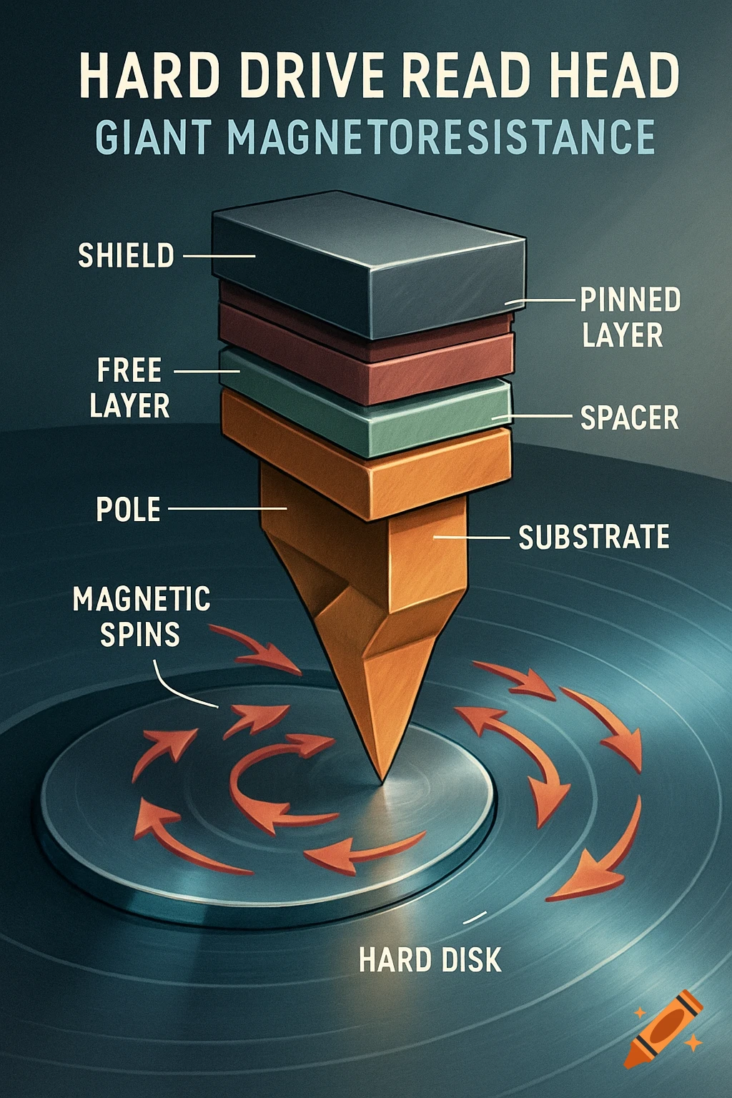 Diagram illustrating the components and function of a hard drive read head with giant magnetoresistance, showing layers and magnetic spins.