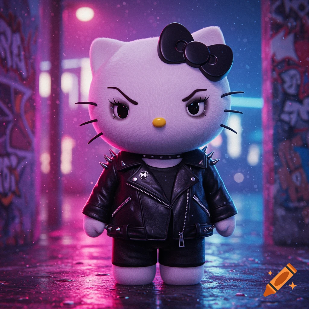 Hello Kitty in a spiked black leather jacket and shorts, with an angry expression, standing in a neon-lit urban alleyway with graffiti.