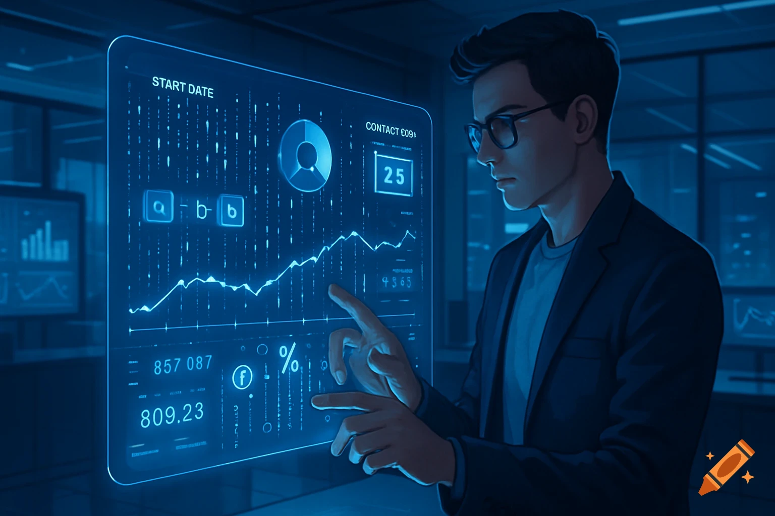 A man in glasses and a suit jacket points at a glowing blue holographic data display showing charts, numbers, and dates.