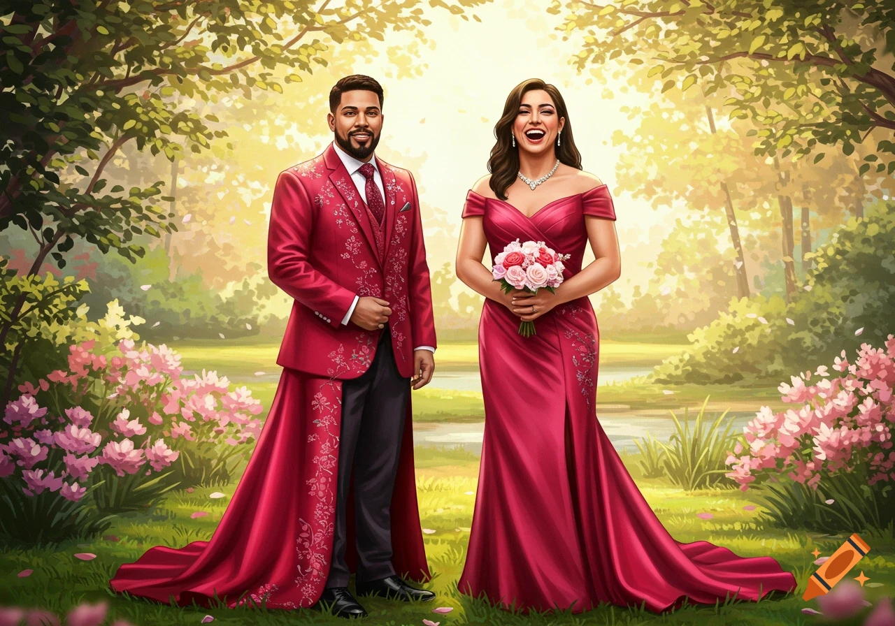A man in a magenta suit with a long train and a woman in a matching magenta dress holding a bouquet stand in a bright, lush garden.