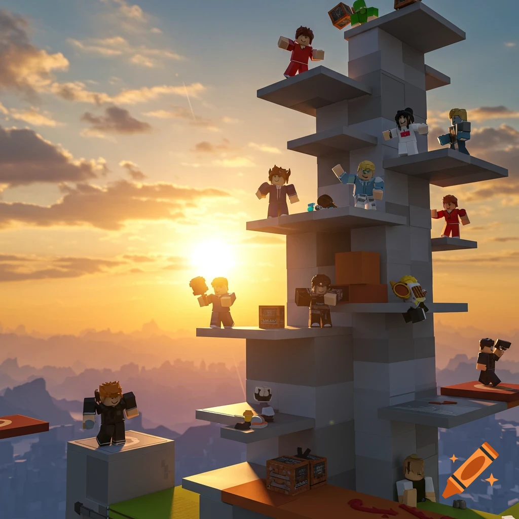 Roblox-style characters on a tall tower structure against a sunset sky with mountains in the background.