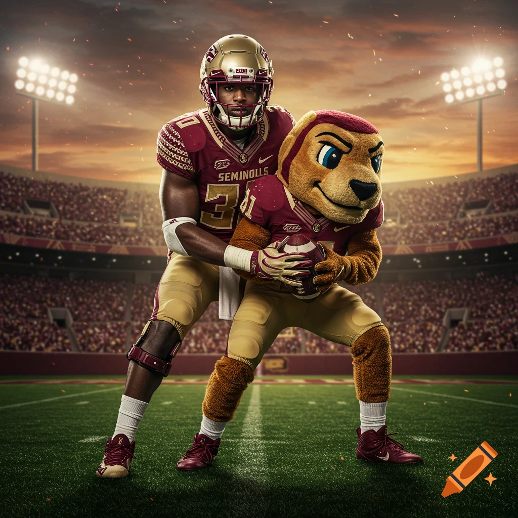 A photorealistic image of a football player in a maroon and gold uniform holding a brown and maroon mascot on a football field during a game.