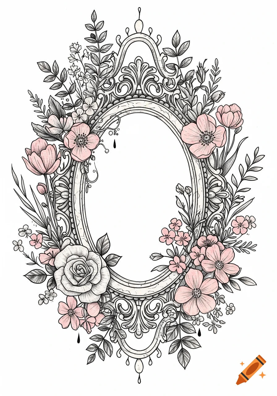 An ornate oval frame surrounded by a lush arrangement of pink flowers, leaves, and vines in a vintage botanical illustration style.