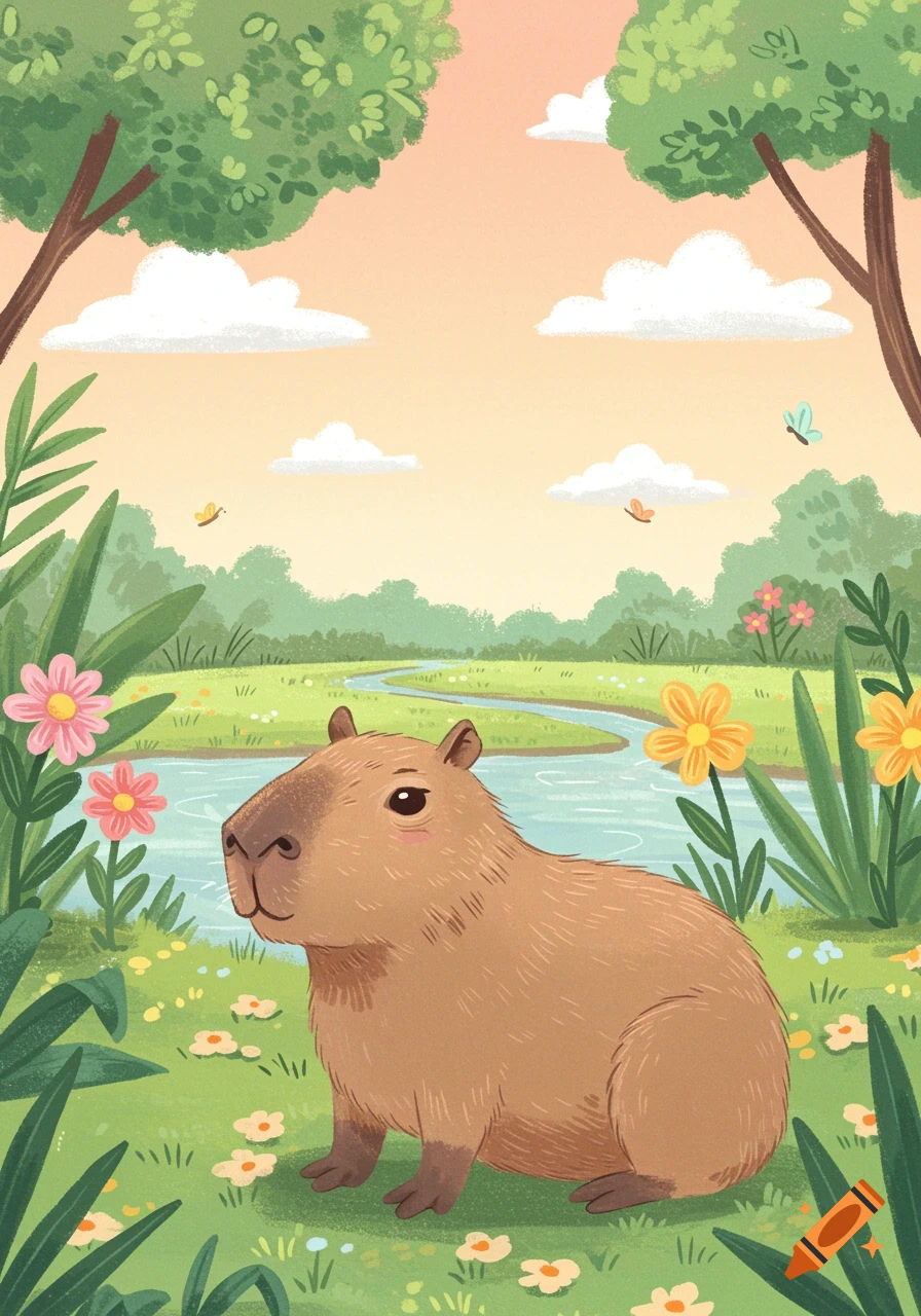 A cartoon capybara sits in a grassy field with flowers beside a river, surrounded by trees and butterflies under a pastel sky.