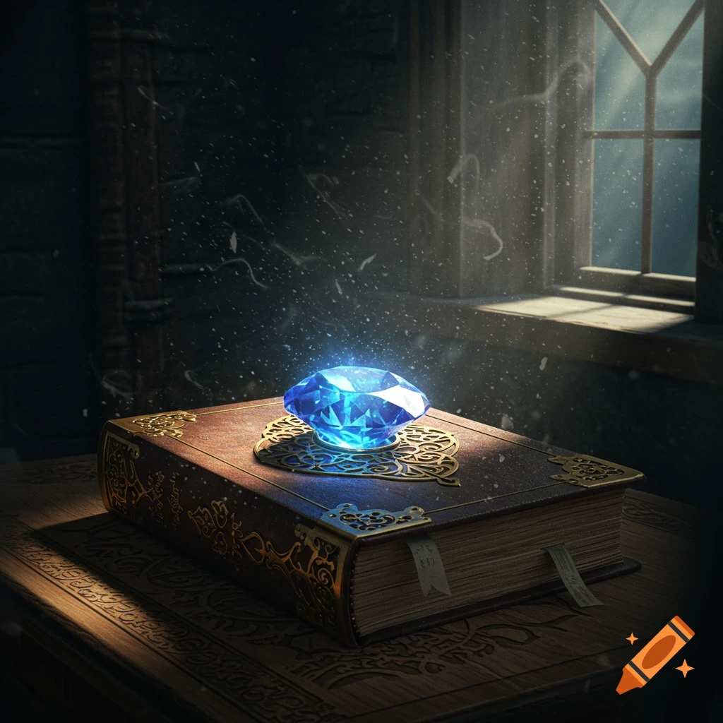 A glowing blue sapphire rests on an ancient, ornate book, bathed in light from a window in a dusty room.
