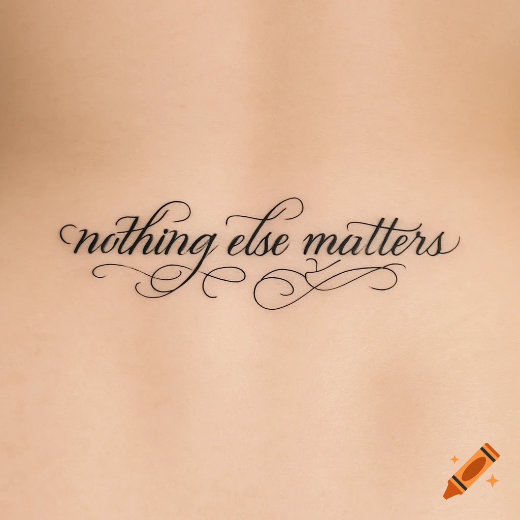 Close-up of a tattoo on skin reading "nothing else matters" in a decorative script.
