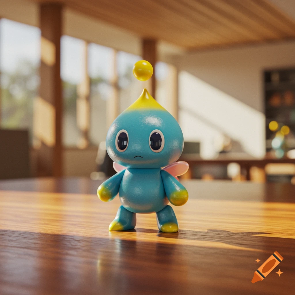A blue and yellow cartoon creature with pink wings and a sad expression stands on a wooden table with a floating yellow sphere.