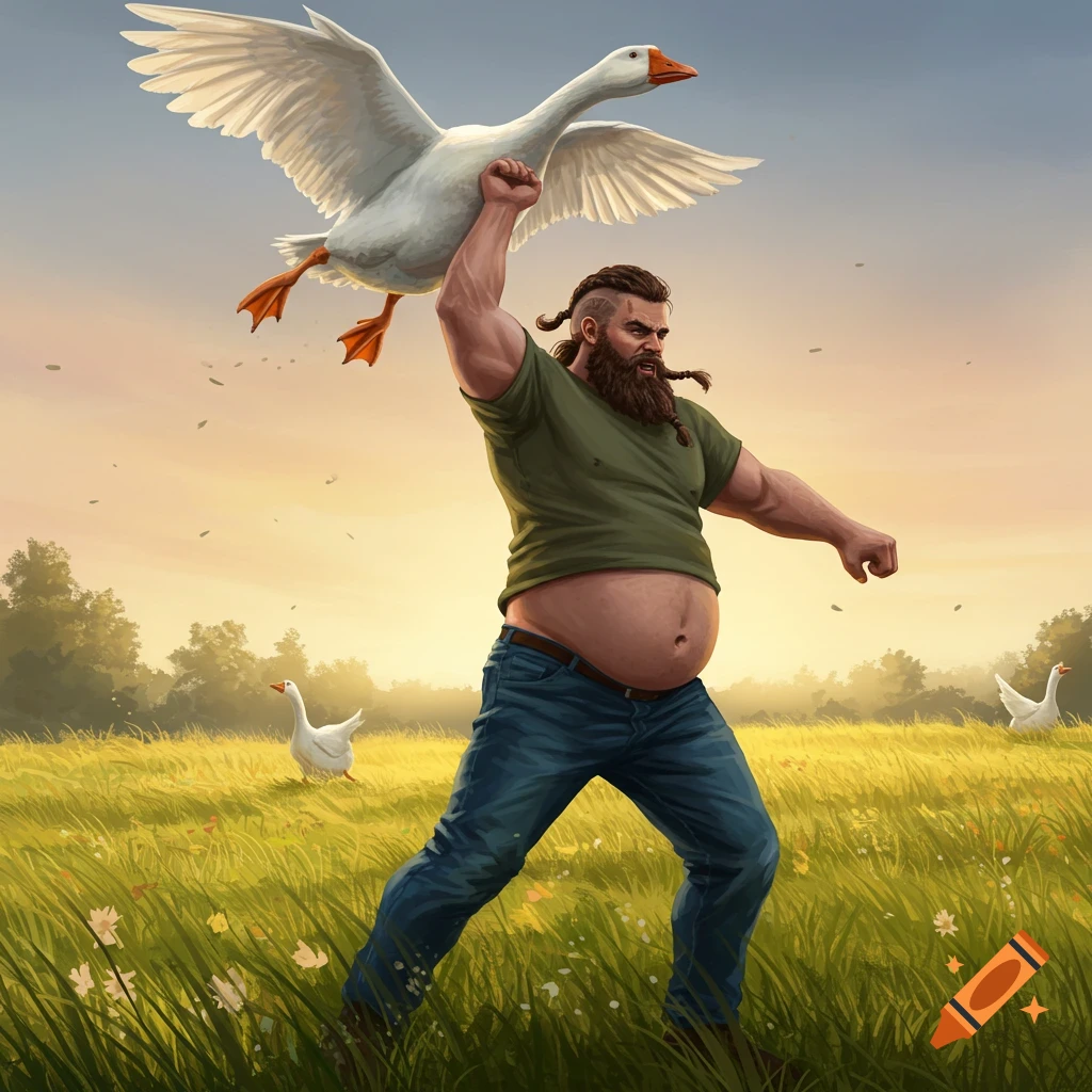 Illustrated man with beard and braided hair swinging a white goose overhead in a green field at sunset.