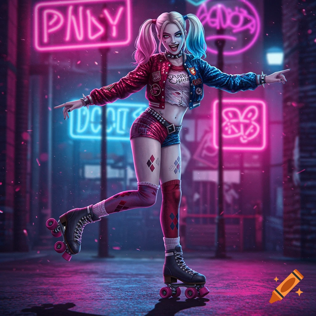 Harley Quinn roller skating and posing on a neon-lit urban street at night, in a stylized comic book art style.