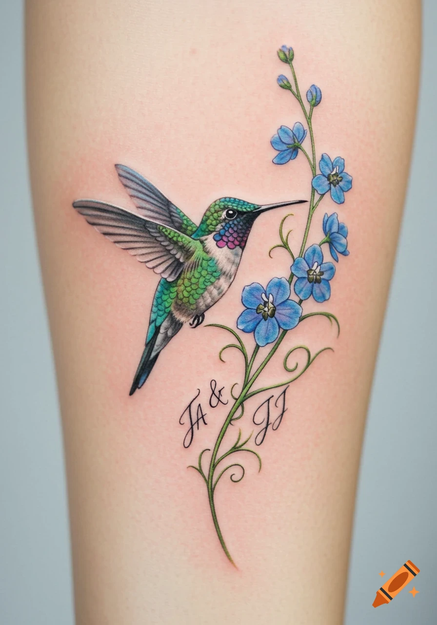 A vibrant tattoo of a green hummingbird in flight next to blue larkspur flowers with green vines, on which the initials 'JA & JJ' are written.