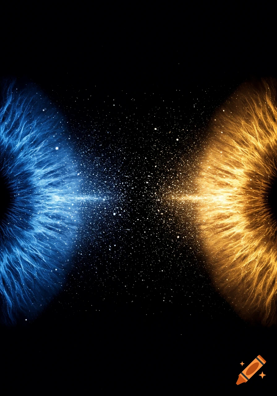 Two glowing, textured irises, one blue and one orange, facing each other on a black background with luminous particles.