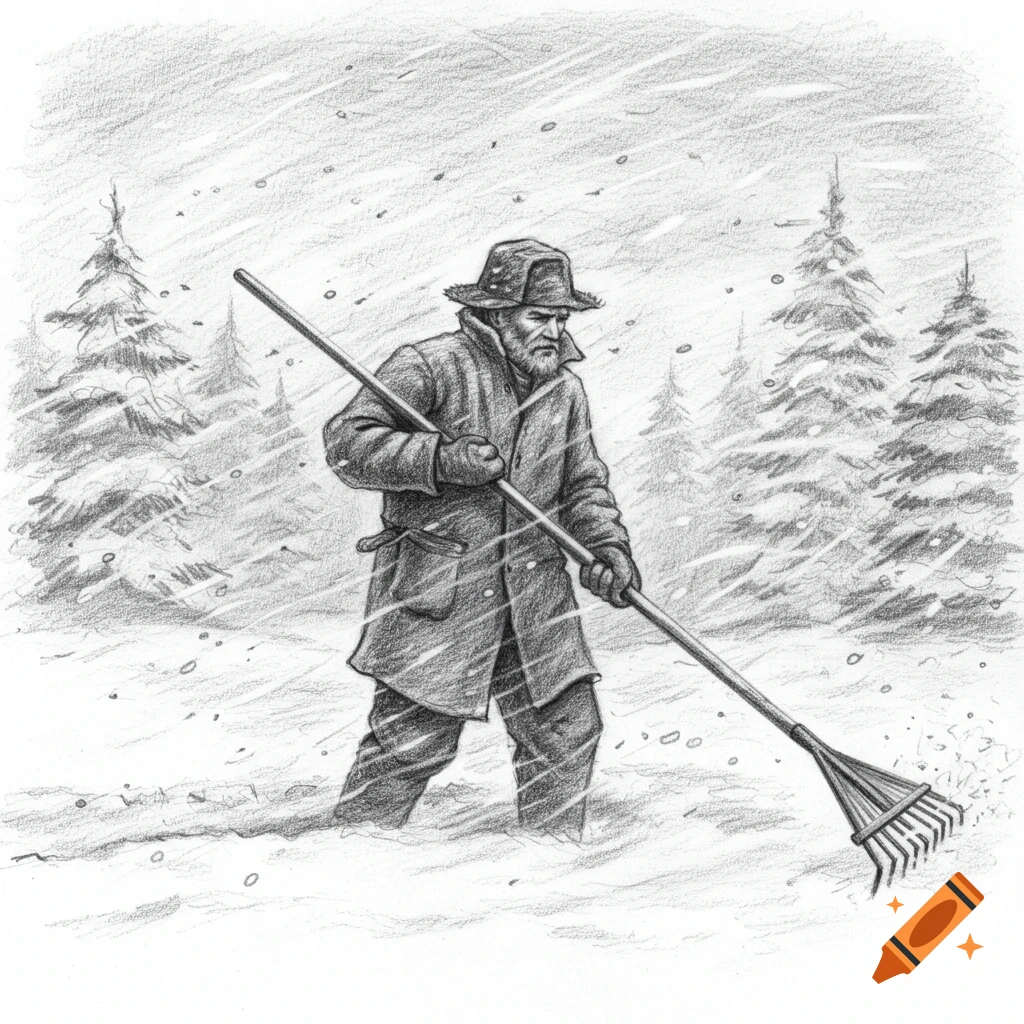 Pencil sketch of a bearded man in a hat and coat raking snow in a snowstorm among pine trees.