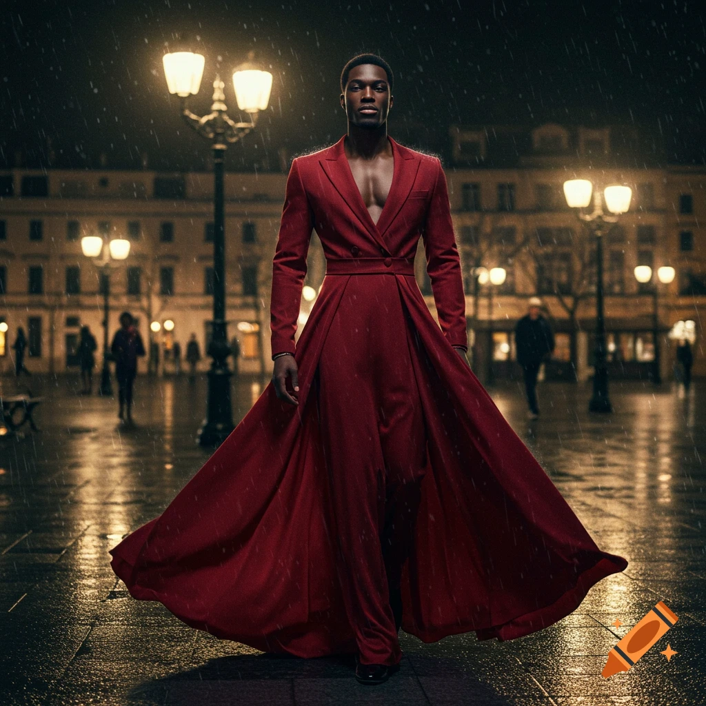 A photorealistic image of a man in a long, flowing red dress walking on a wet street at night, illuminated by streetlights.