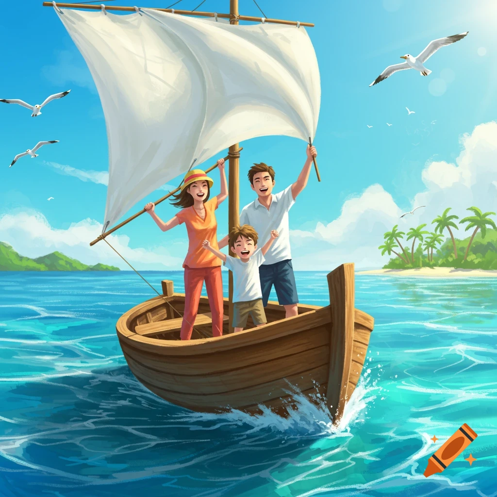A vibrant illustration of a happy family of three on a wooden sailboat, smiling and waving on a sunny blue ocean with seagulls.