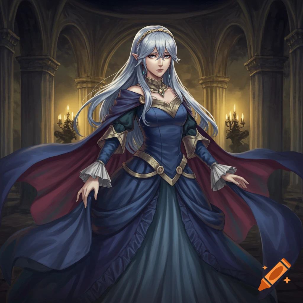 A fantasy woman with silver hair and elf ears in a blue and gold gown and cape stands in a grand hall.