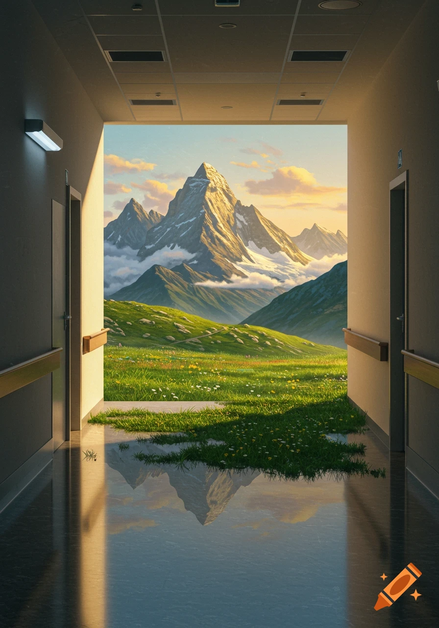 A bright hospital corridor opens into a lush green mountain landscape with snow-capped peaks under a golden sky, reflected on the polished floor.