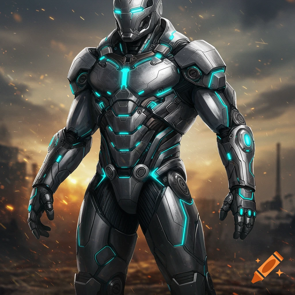 A futuristic metallic armored suit with glowing blue lights stands in a dramatic, urban background.