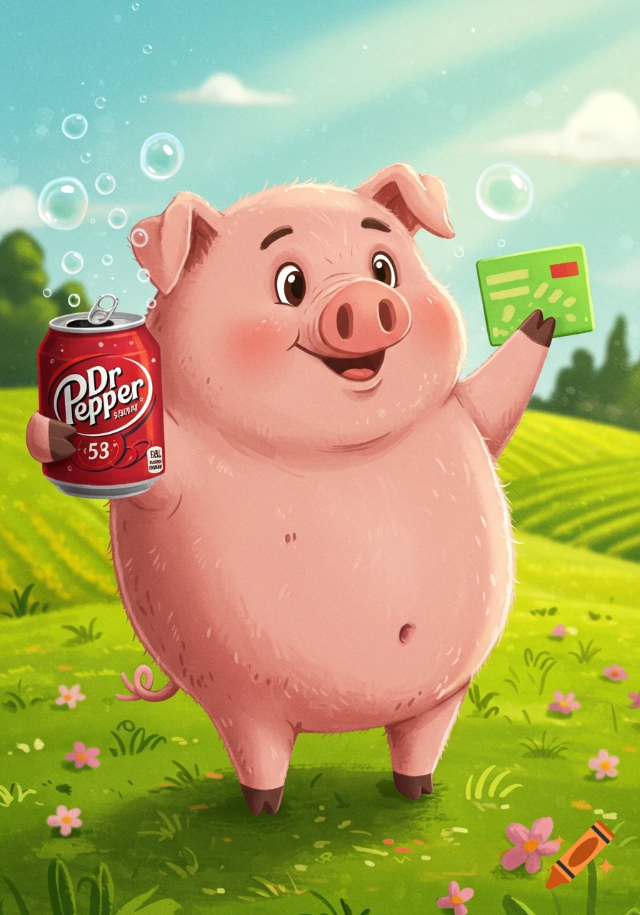 A smiling cartoon pig stands in a grassy field, holding a Dr. Pepper can in one hoof and a green card in the other. Bubbles float in the air.