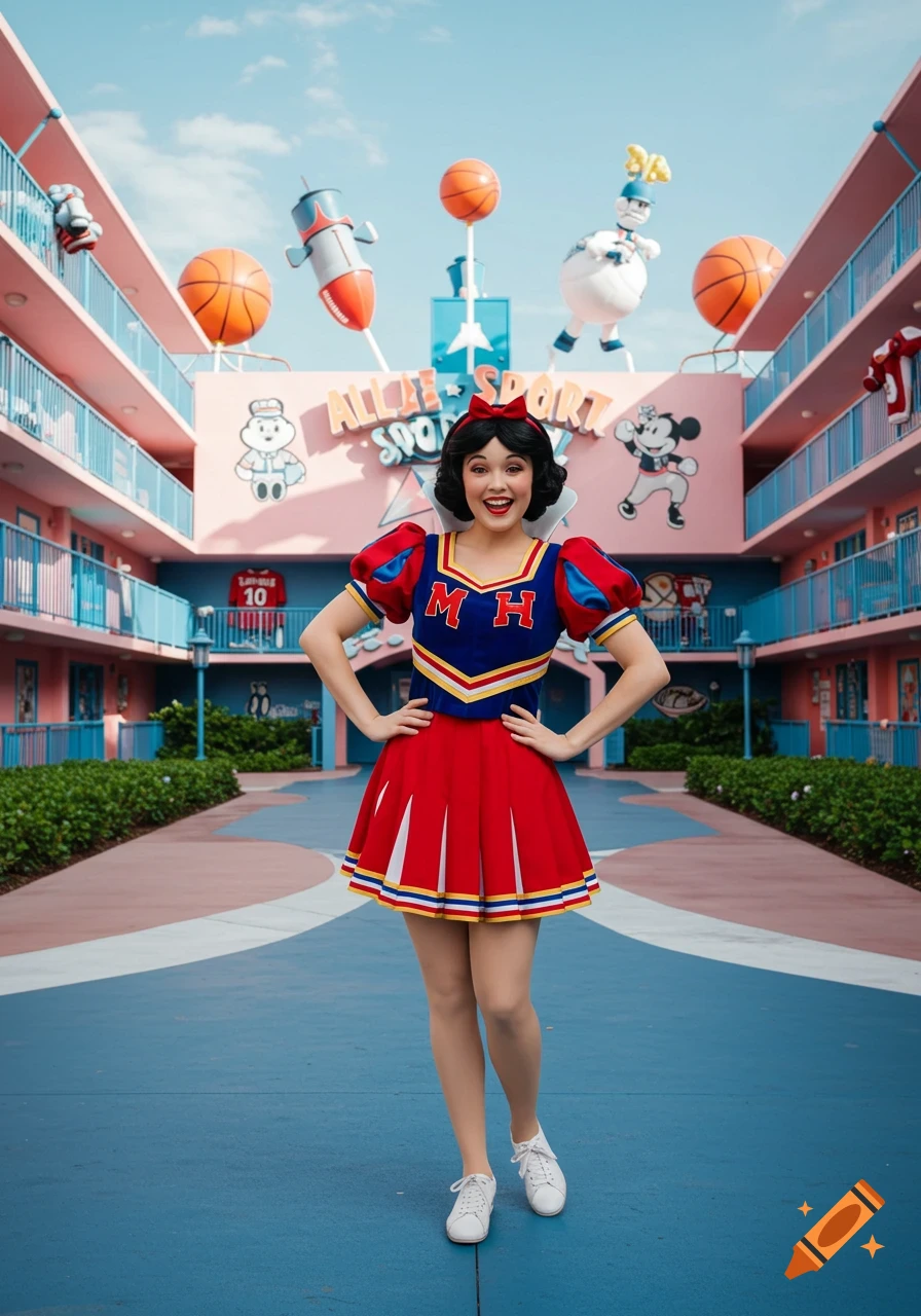 Photorealistic image of Snow White dressed in a blue and red cheerleader uniform with MH on the top, standing at Disney's All-Star Sports Resort.