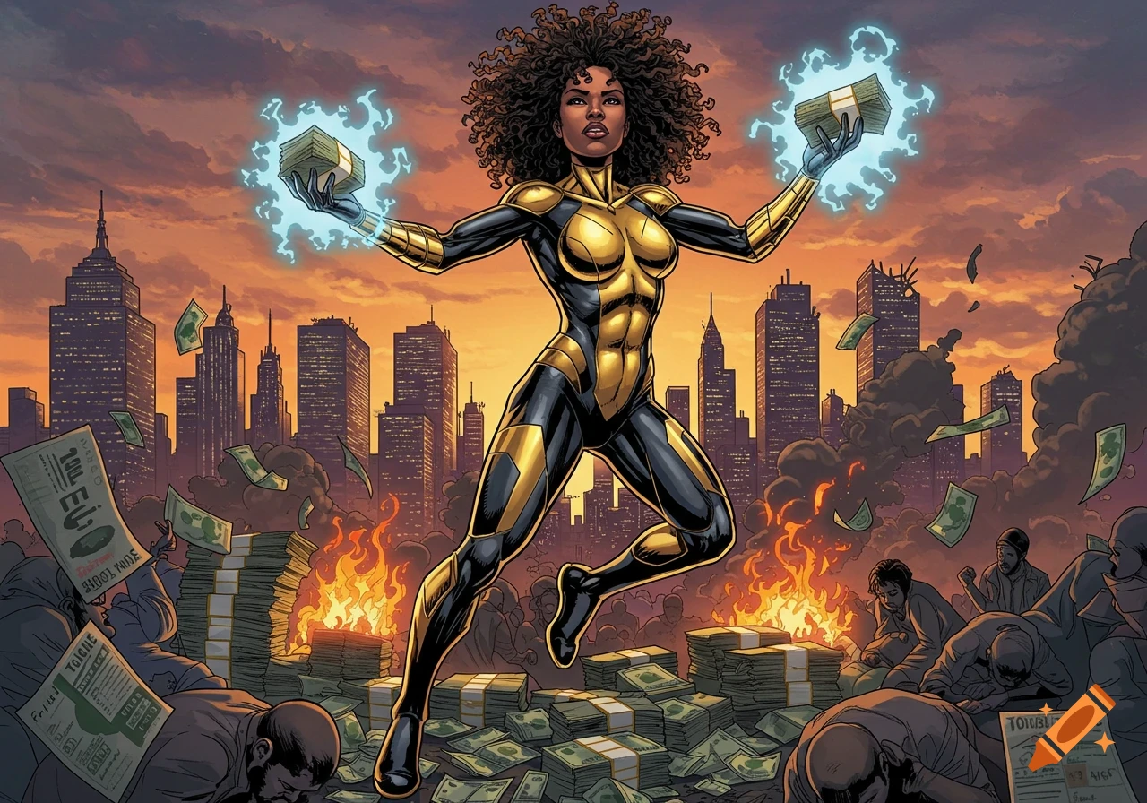 A Black female superhero in a black and gold suit levitates over piles of money in a burning cityscape at sunset, holding glowing bundles of cash. Comic book style.
