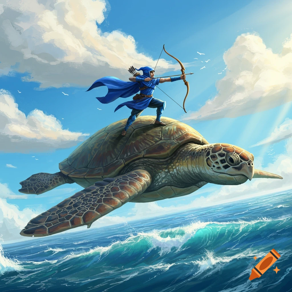 A blue-clad archer stands on the back of a giant flying sea turtle, aiming an arrow over an ocean with waves.
