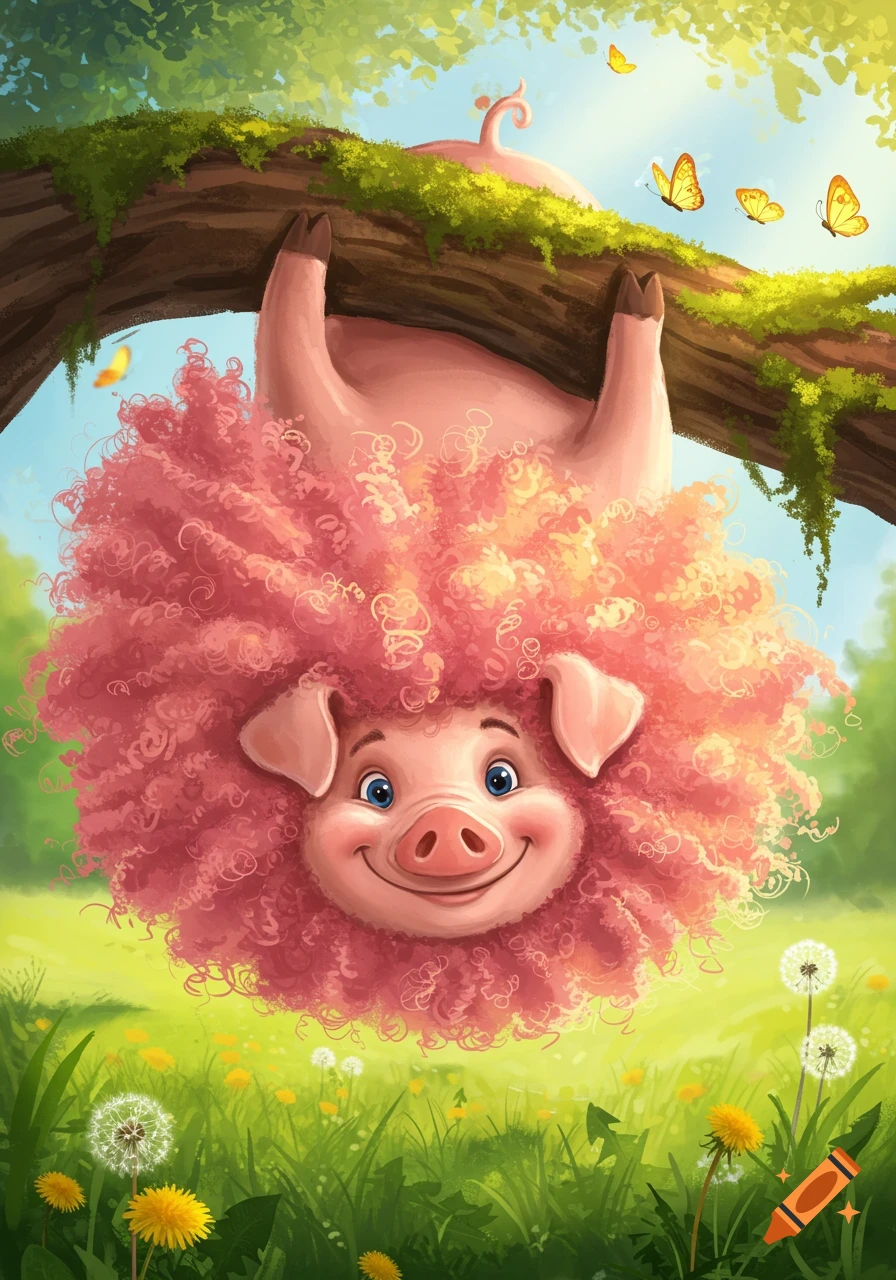 Cartoon pig with curly pink fur hanging upside down from a tree branch, smiling, with butterflies and dandelions in a sunny field.