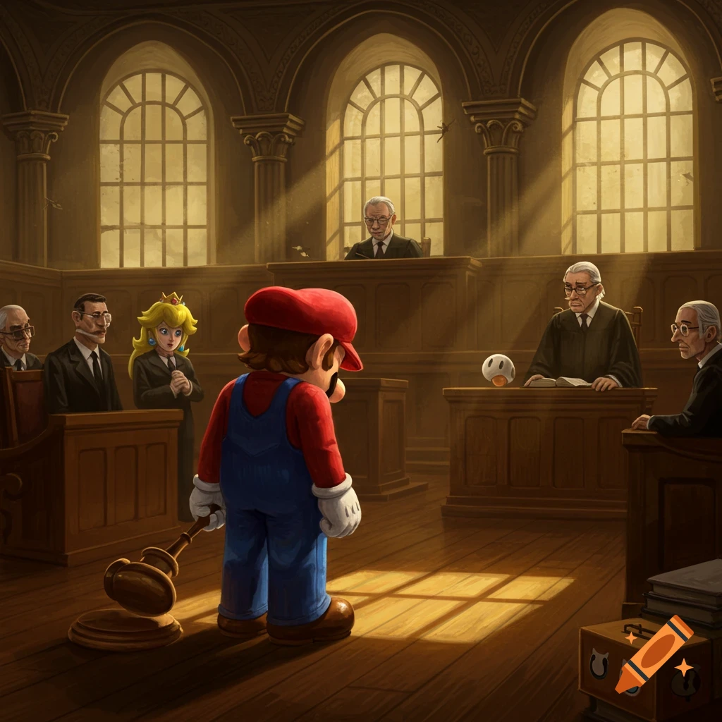 Mario stands in a somber courtroom, holding a gavel, while Princess Peach and older men in suits watch. Sunlight streams through arched windows.
