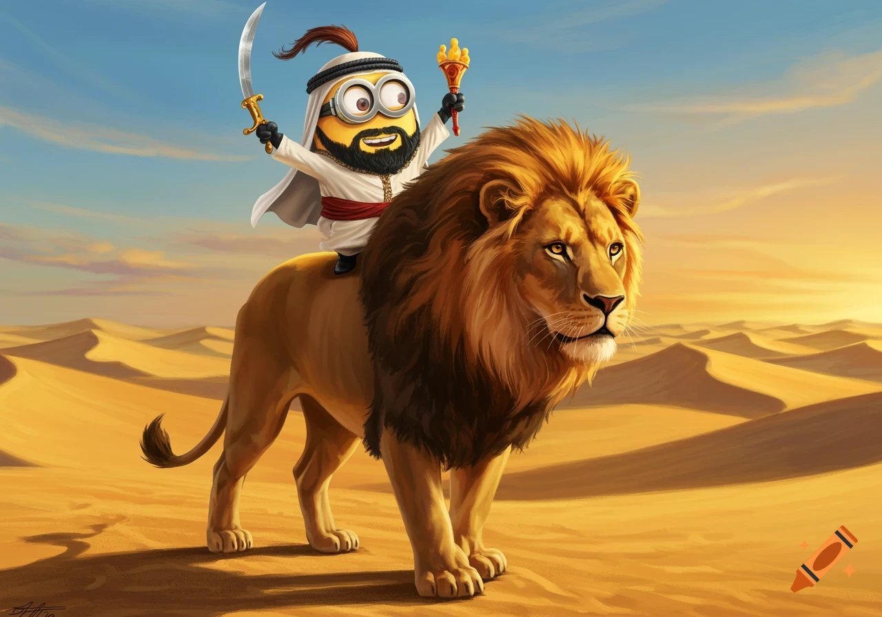 A cartoon minion in Arab attire with a beard rides a lion through a desert, holding a sword and scepter.