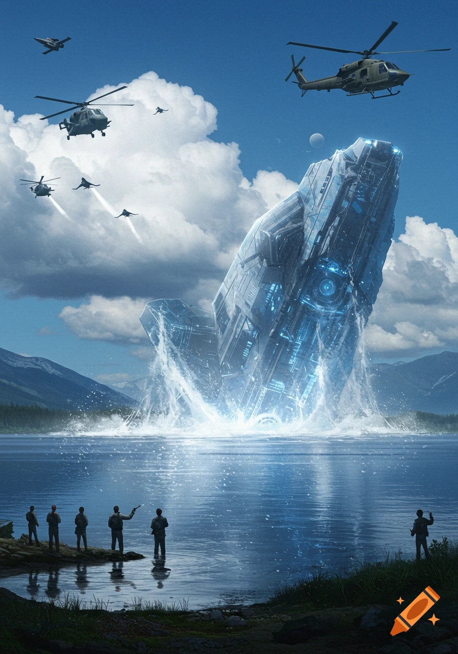A large, glowing alien vessel emerges from a lake as military helicopters and jets fly overhead. People watch from the shore.