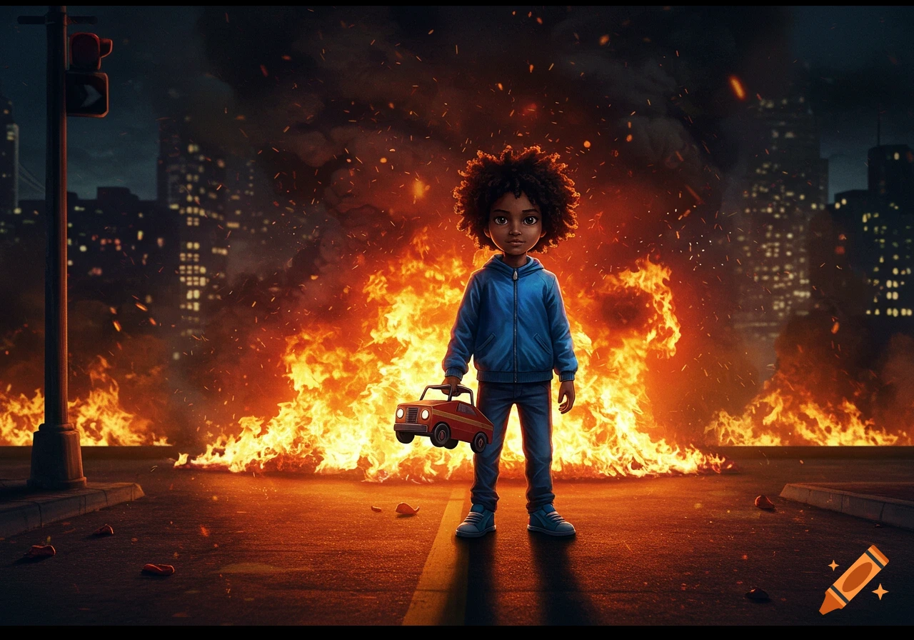 A young Black boy with an afro holds a toy car, standing on a city street with huge fires and distant buildings at night.