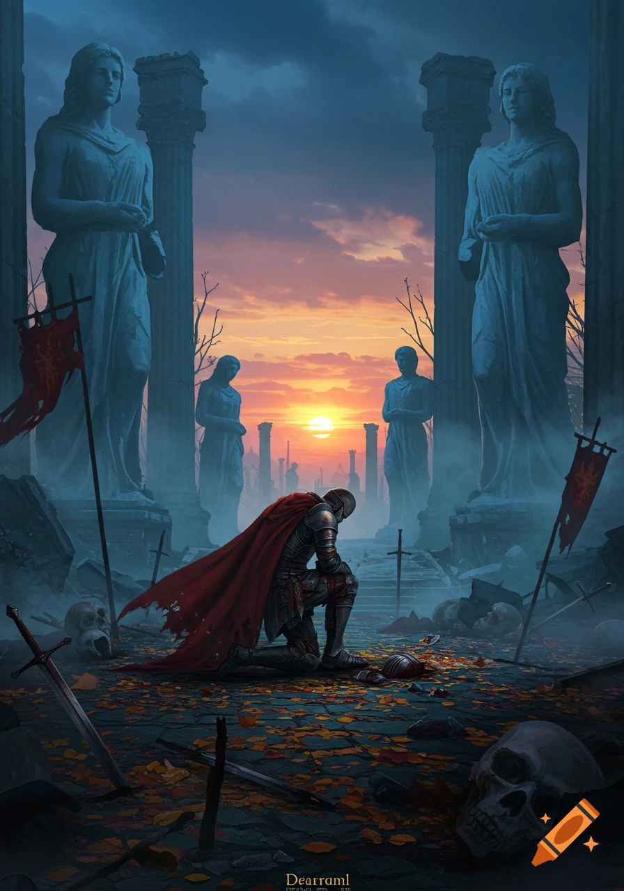 A knight in red cape kneels amidst ruins, skulls, and swords under a dramatic sunset between tall ancient statues, somber fantasy art.