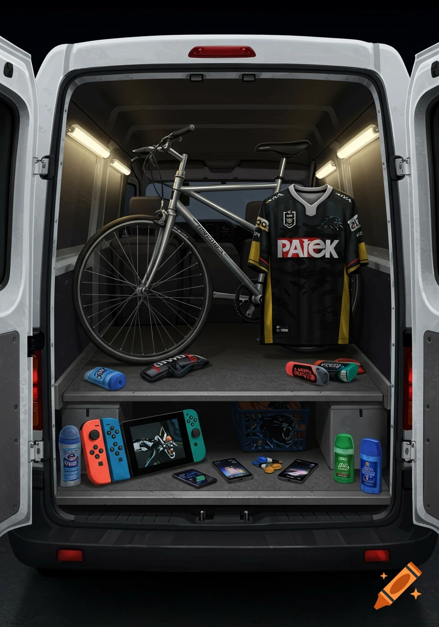 A stylized illustration of the open back of a white van, revealing a neatly organized interior with a bicycle, a black sports jersey, a Nintendo Switch, several phones, and deodorant bottles.