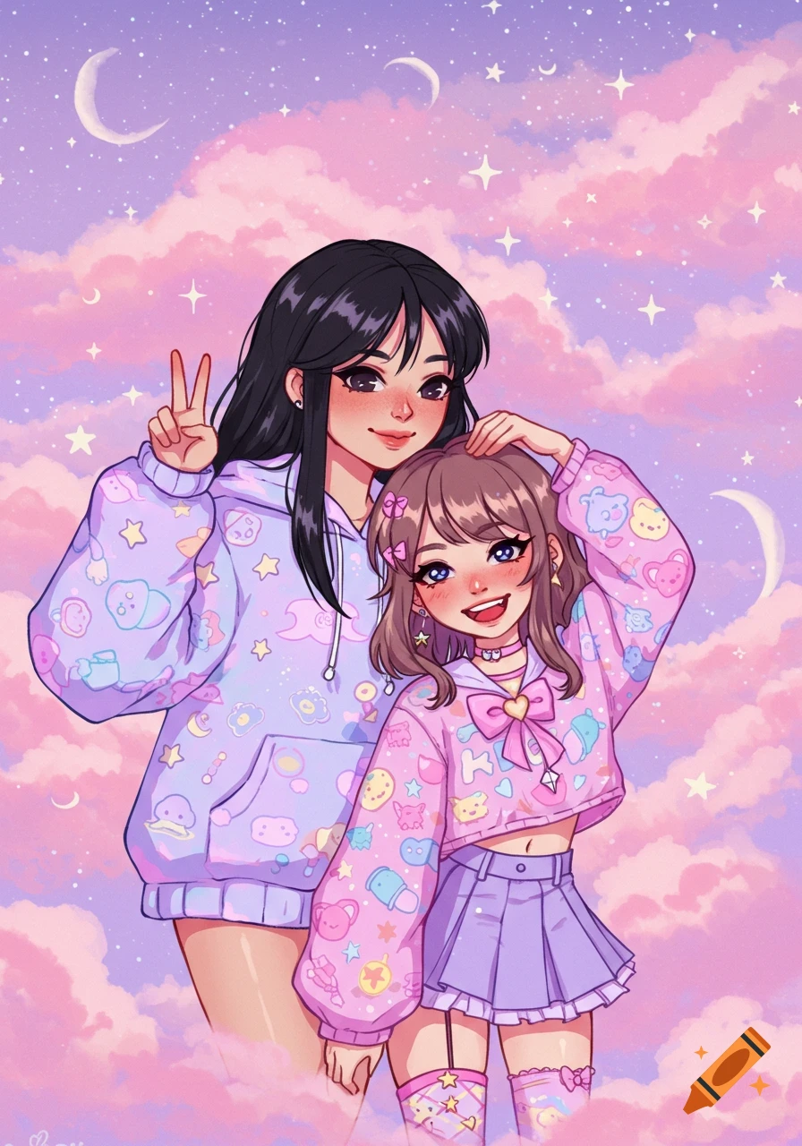Two smiling girls in a pastel purple and pink sky with clouds and stars. One wears a lavender hoodie, making a peace sign. The other, shorter, wears a pink crop top hoodie and pleated skirt.