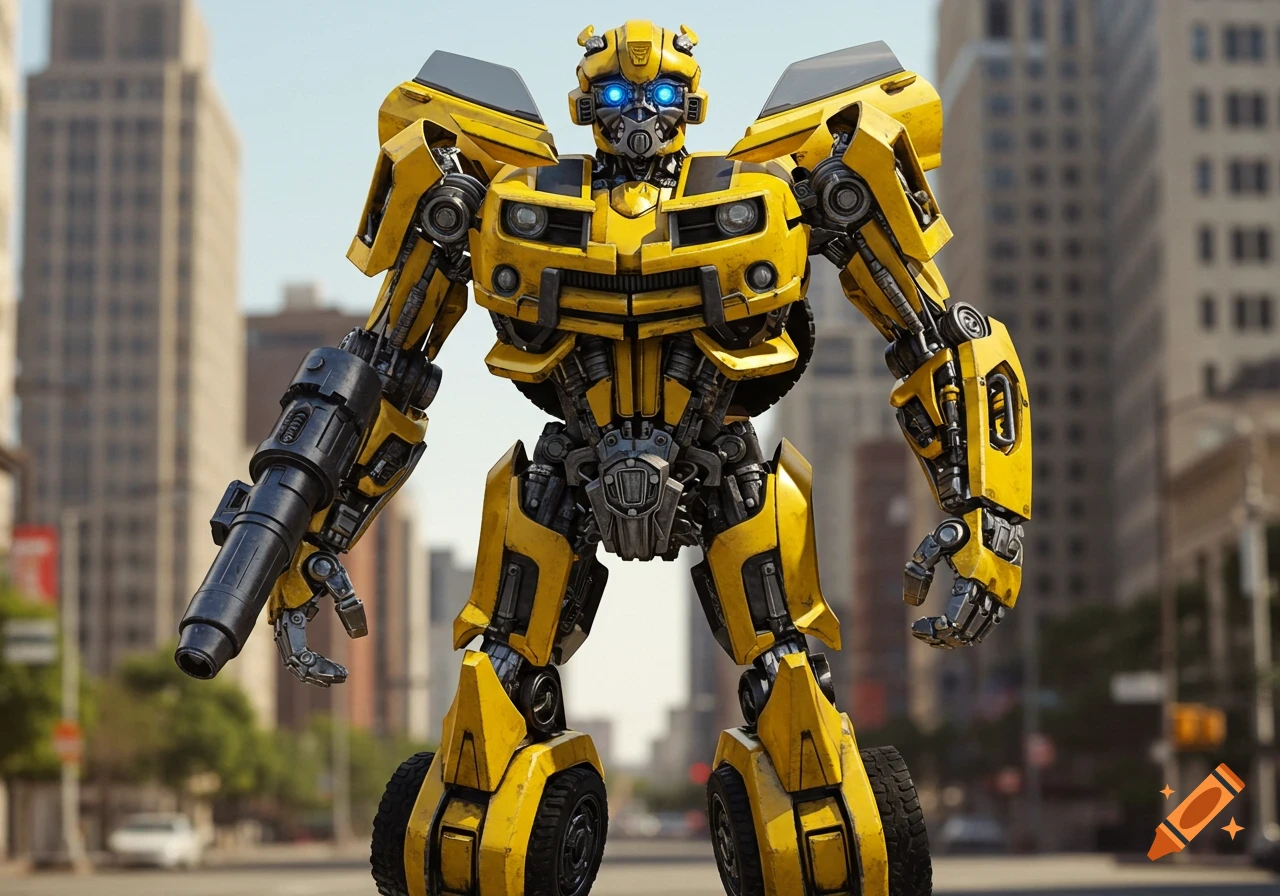 A photorealistic depiction of the yellow Bumblebee robot from Transformers standing on a city street.