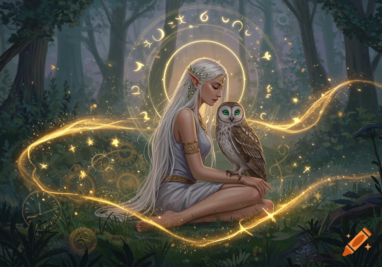 An elf woman with long white hair sits in a forest, holding a brown owl. Golden magical light and symbols encircle them.