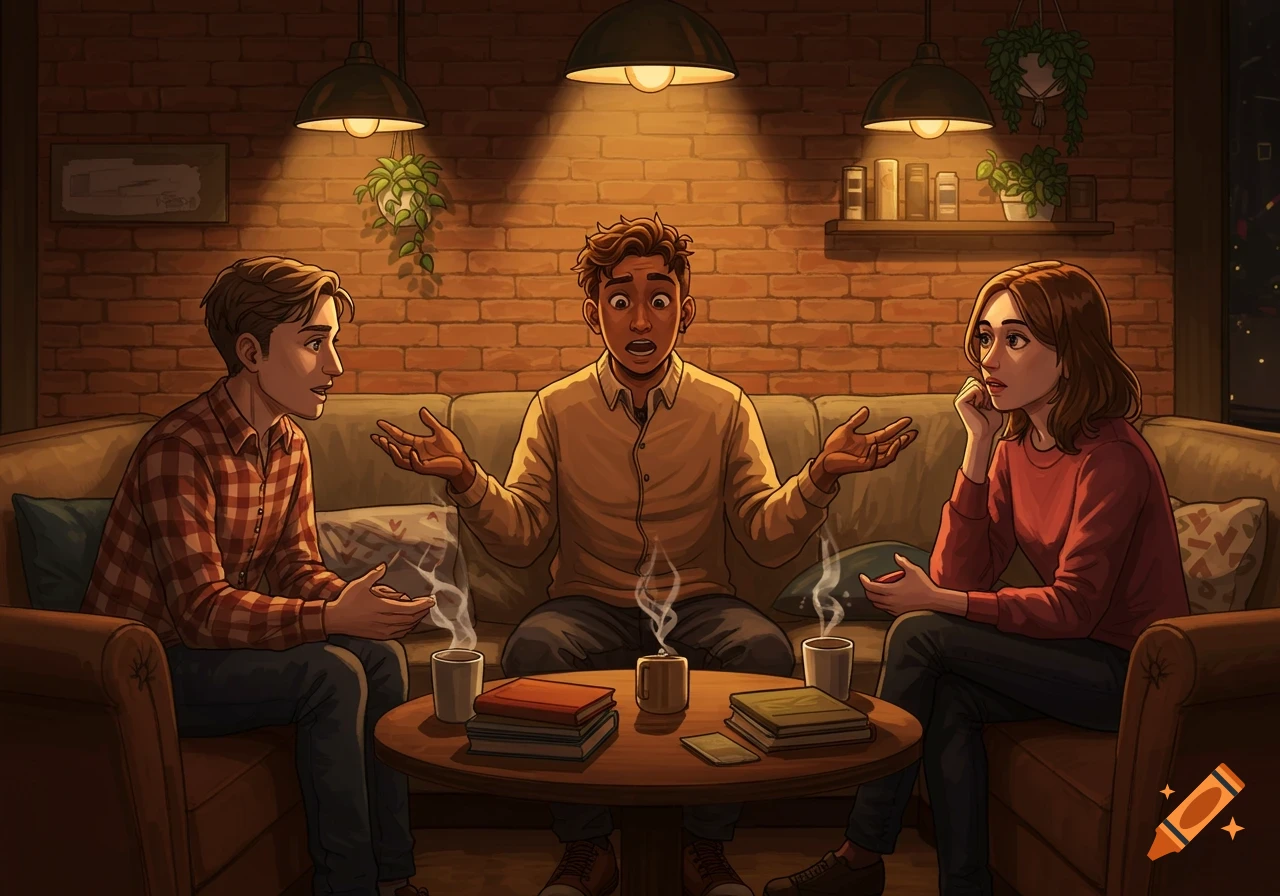 Three young adults sit on a couch in a warmly lit, brick-walled room. The central man looks surprised, gesturing with open hands, as the others listen.