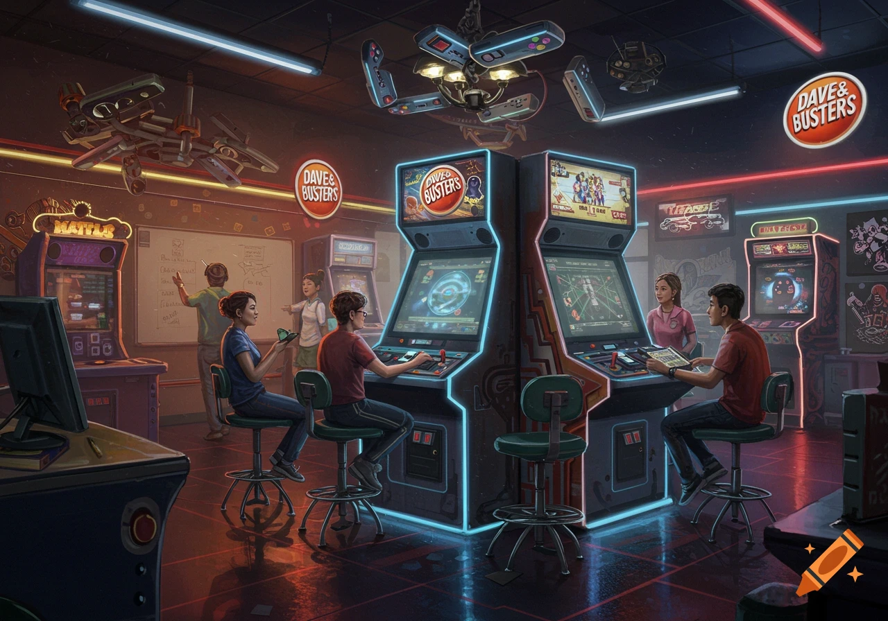 A vibrant arcade scene with several people playing on neon-lit arcade machines, featuring "Dave & Busters" signs and a whiteboard in the background.