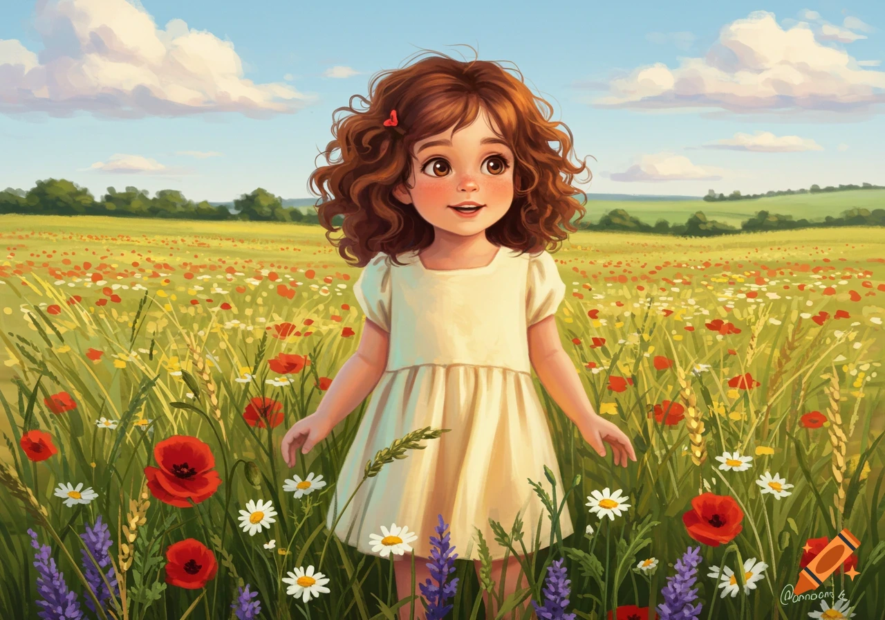 A smiling little girl with curly brown hair stands in a vibrant field of red poppies and white daisies under a blue sky.